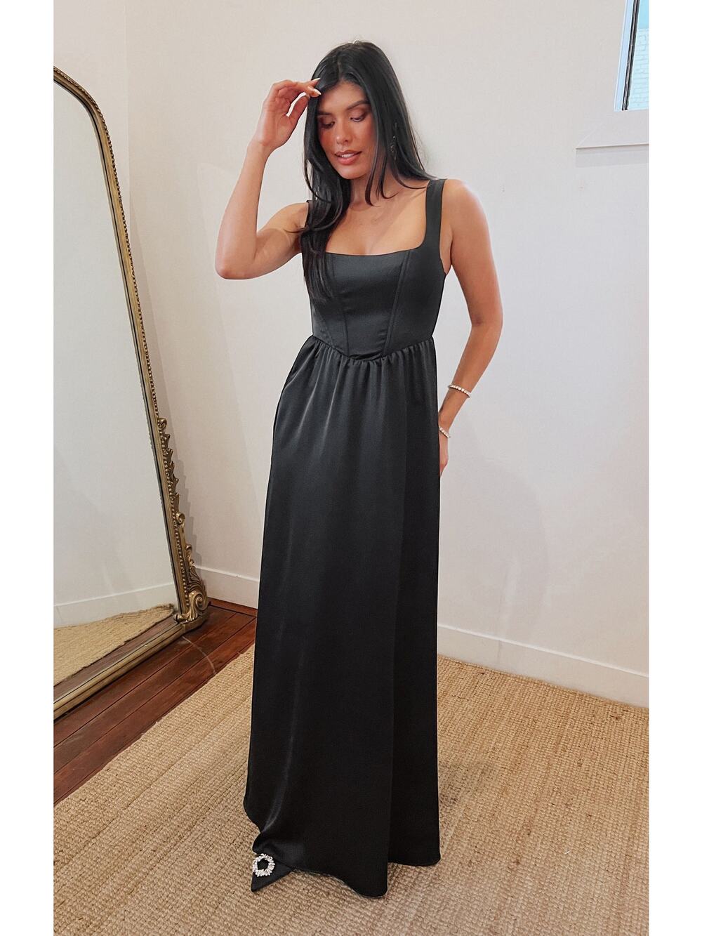 Show Me Your Mumu Nina Maxi Dress in Black Luxe Satin XXL